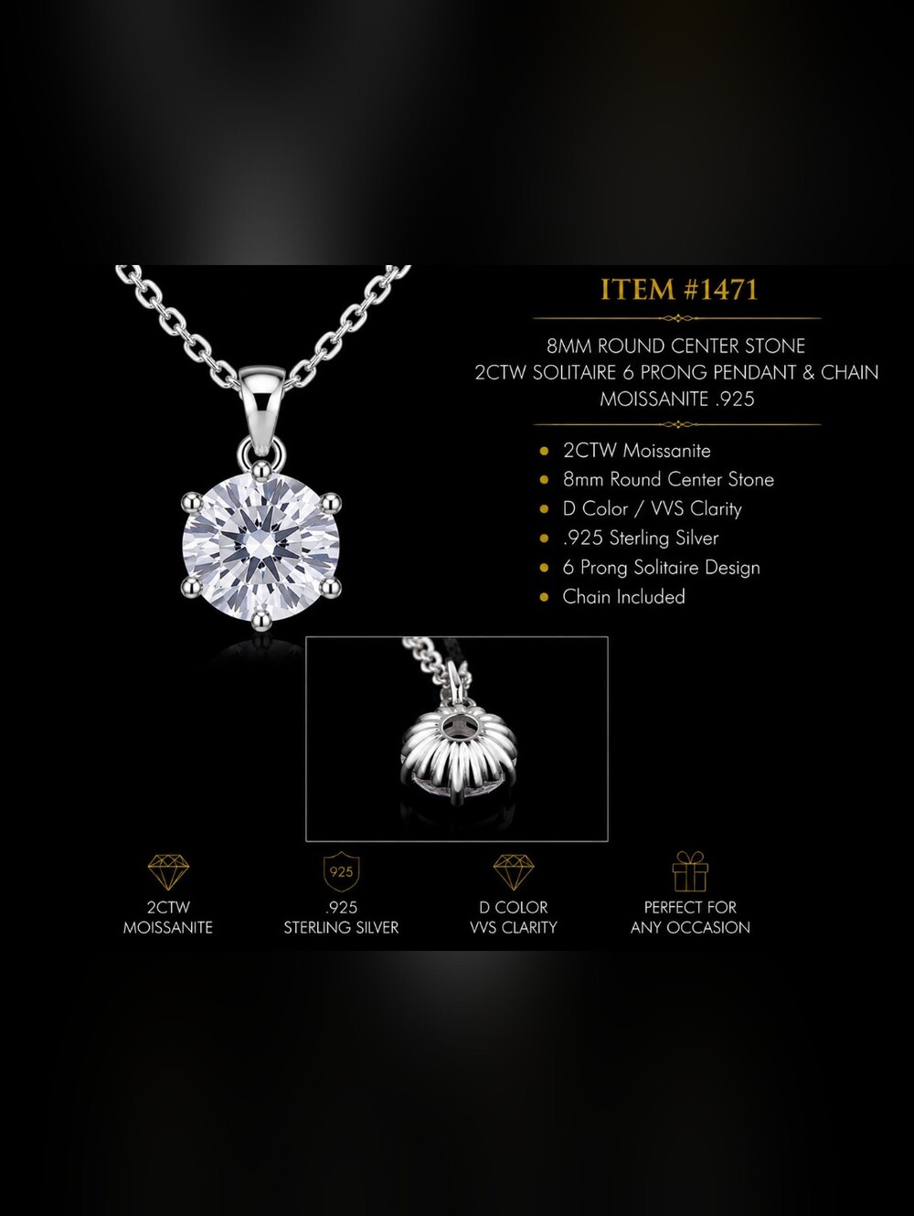 2CTW Moissanite Solitaire Pendant Necklace 925 Sterling Silver 18” Chain Cert
